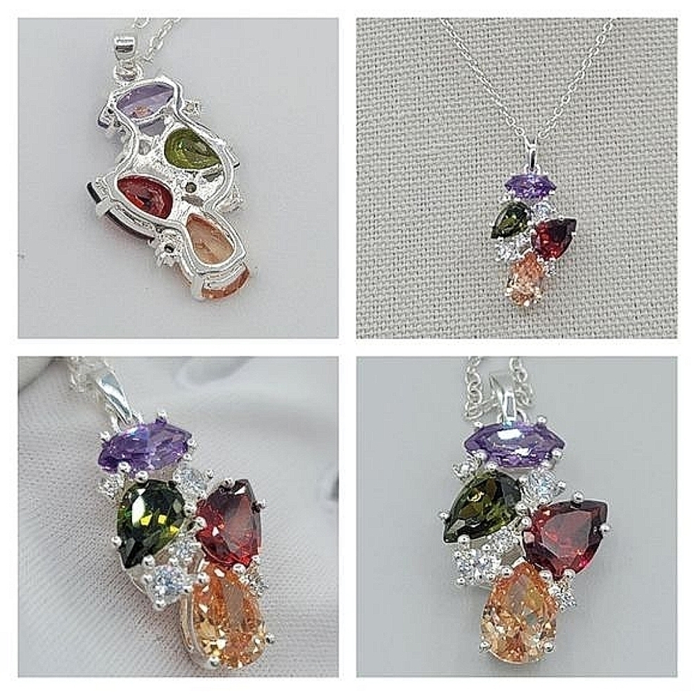 Necklace Multicolor Crystals Silver Tone Pendant With Chain & Extender #1035